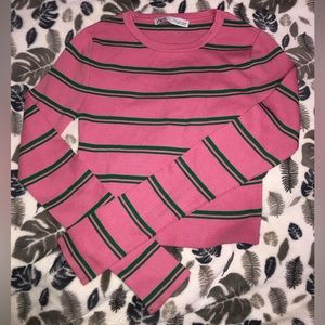 Zara Pink and Green Striped Long-Sleeve Top Size S